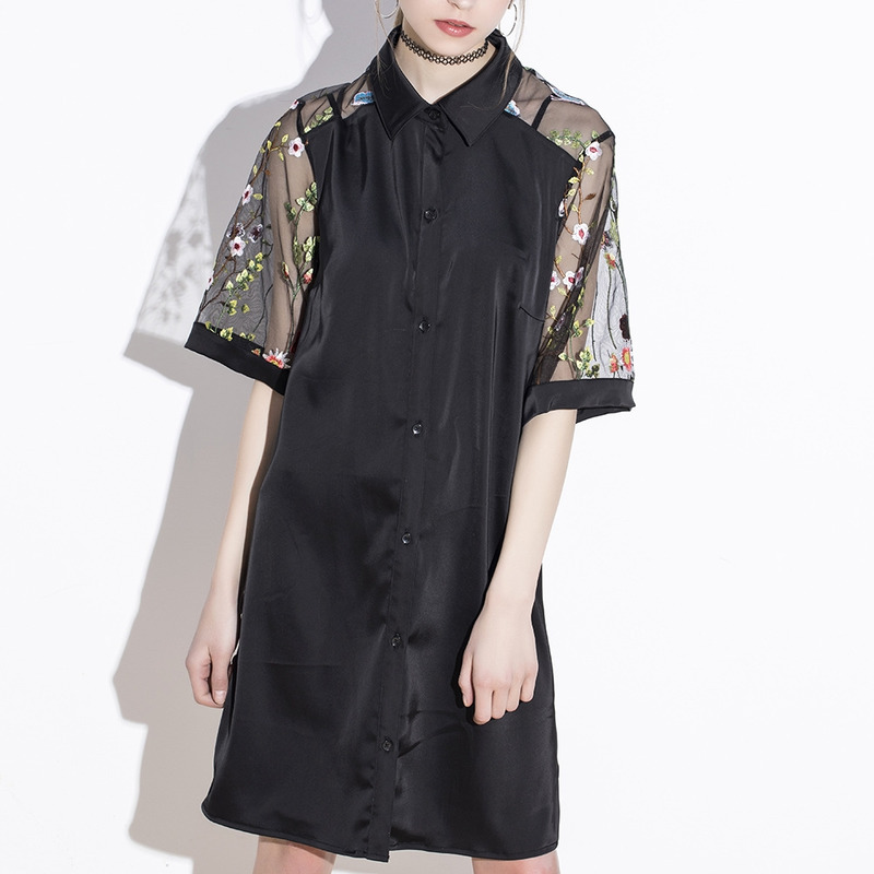 Short Sleeve Embroidered Lapel Shift Dress | VoguesUs