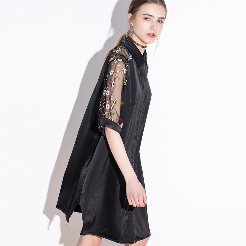 Short Sleeve Embroidered Lapel Shift Dress | VoguesUs