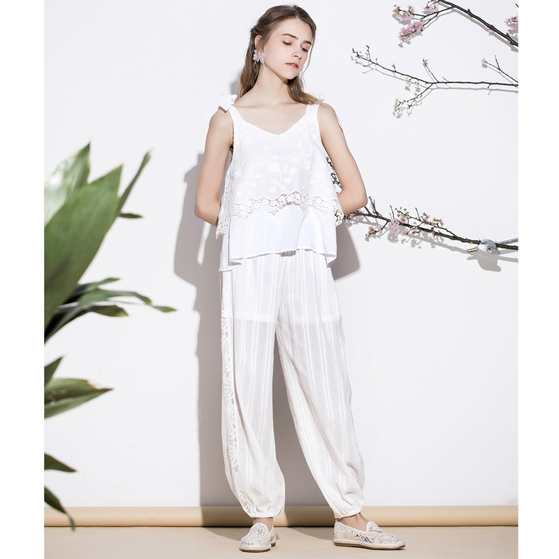 Spitzen Seite Cutwork Baumwolle Lässige Lockere Hose | VoguesUs
