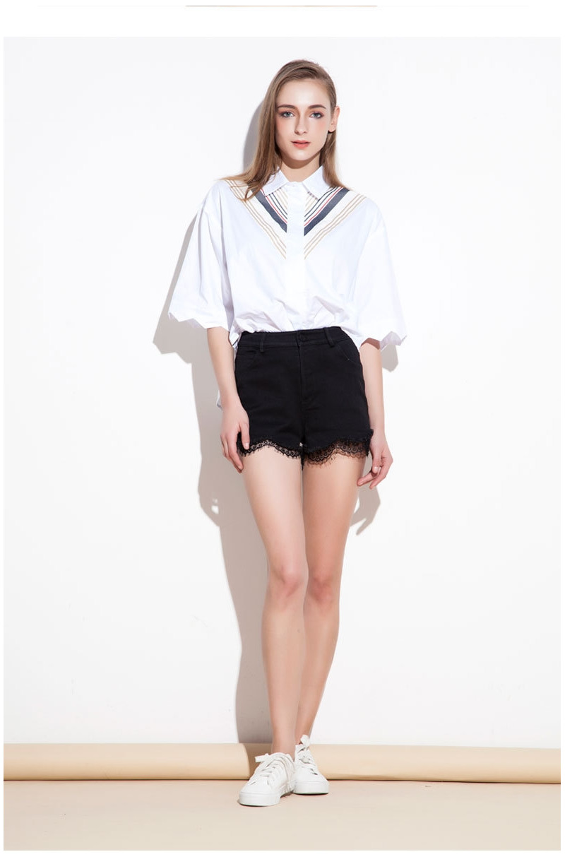 Schwarz Casual Denim Lace Hem Short | VoguesUs