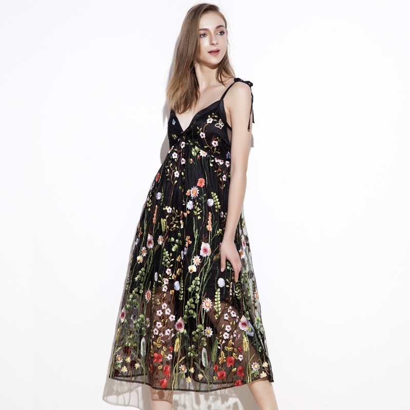 Floral Embroidery Sleeveless Mesh Maxi 