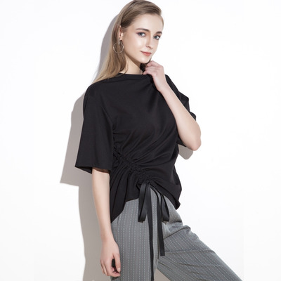 Casual-Halbe Ärmel Baumwolle Rüschen-Bluse Mit Krawatte Taille Detail |