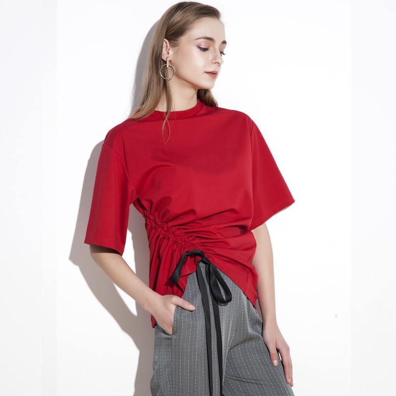 Casual Moitié En Coton À Manches Chemisier Jabot Avec Une Cravate À La Taille Détails |
