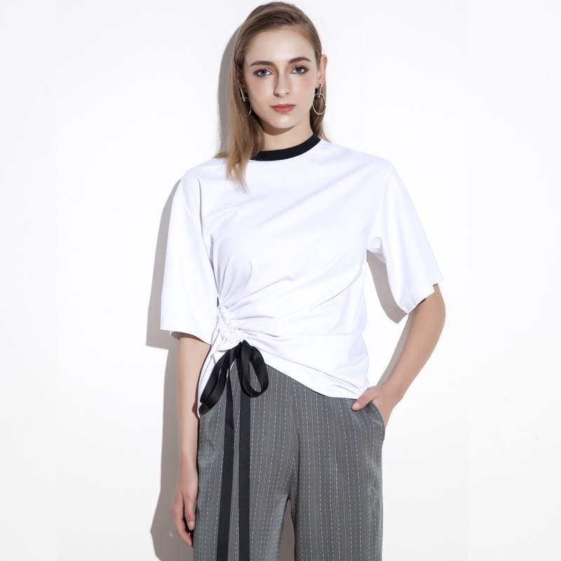 Casual Moitié En Coton À Manches Chemisier Jabot Avec Une Cravate À La Taille Détails |