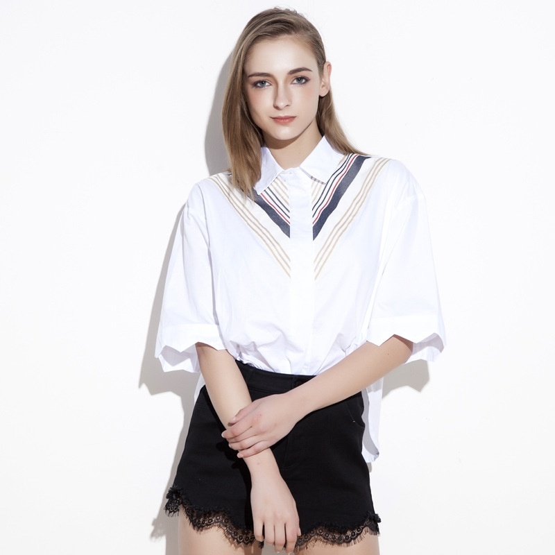 White Polo V Neck Spliced Loose Half Sleeve Shirt | VoguesUs