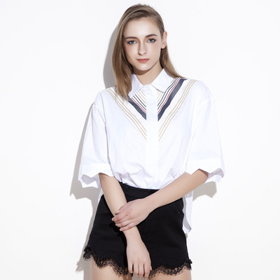 White Polo V Neck Spliced Loose Half Sleeve Shirt | VoguesUs