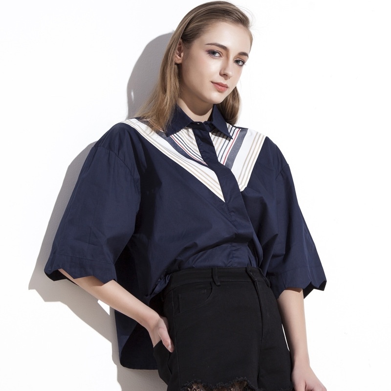 Blanc Polo Col V Épissé Lâche La Moitié De T-Shirt À Manches | VoguesUs