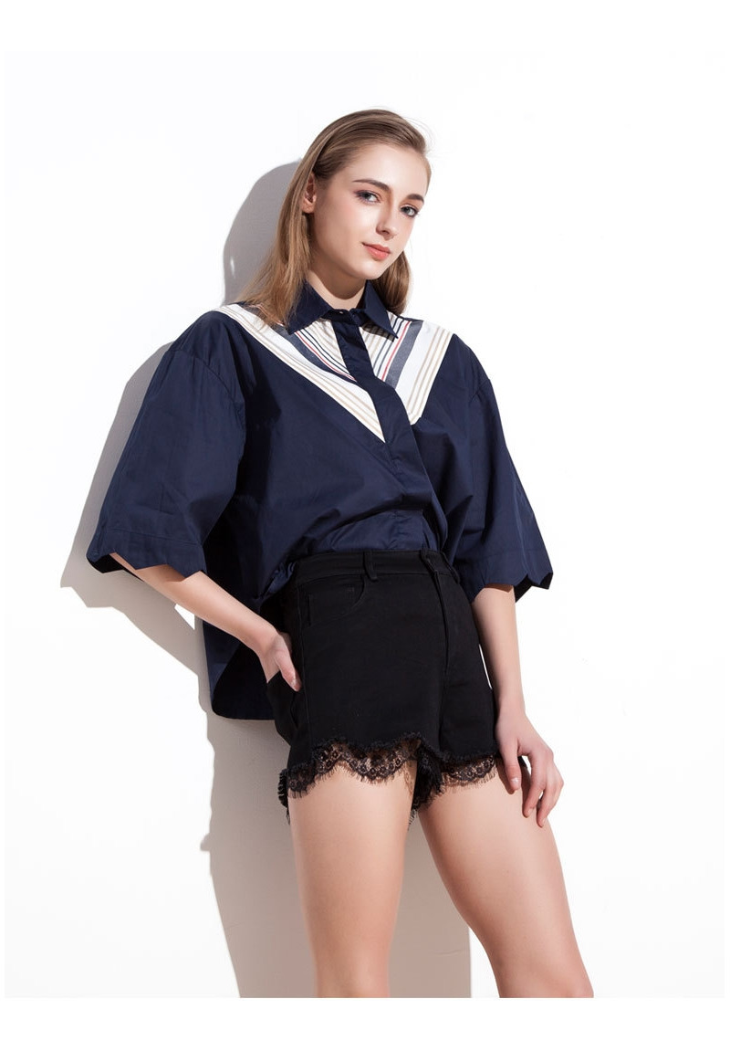 White Polo V Neck Spliced Loose Half Sleeve Shirt | VoguesUs
