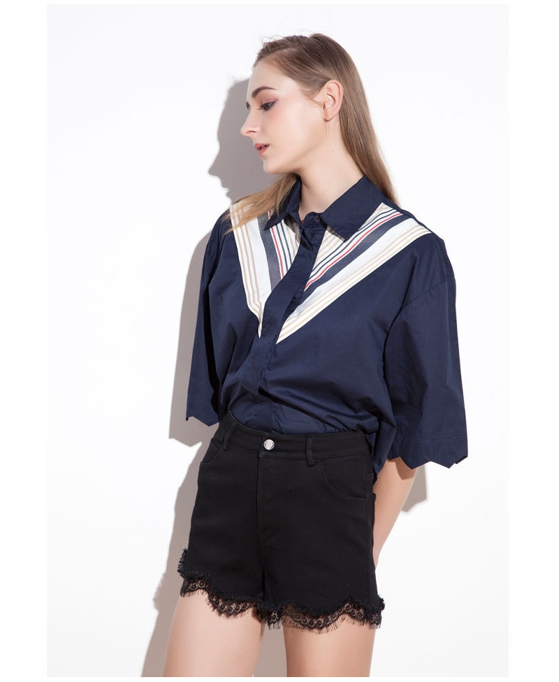 White Polo V Neck Spliced Loose Half Sleeve Shirt | VoguesUs