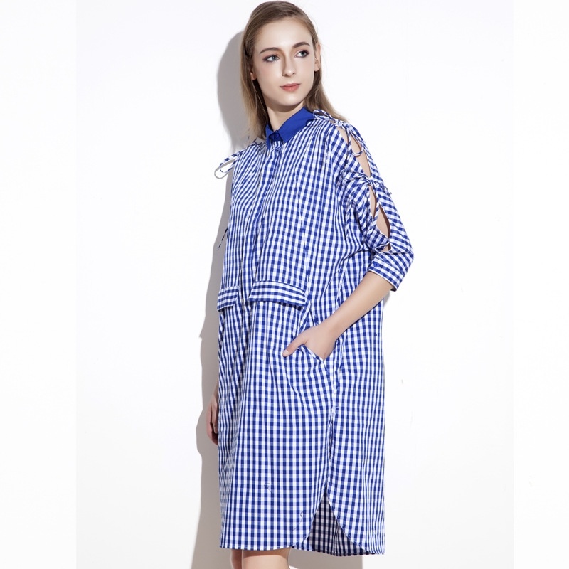 Preppy Style Checked 3/4 Sleeve Dress With Collar Detail | VoguesUs