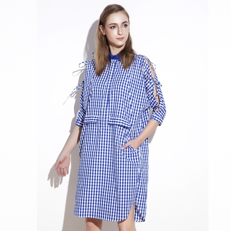 Preppy Style Checked 3/4 Sleeve Dress With Collar Detail | VoguesUs