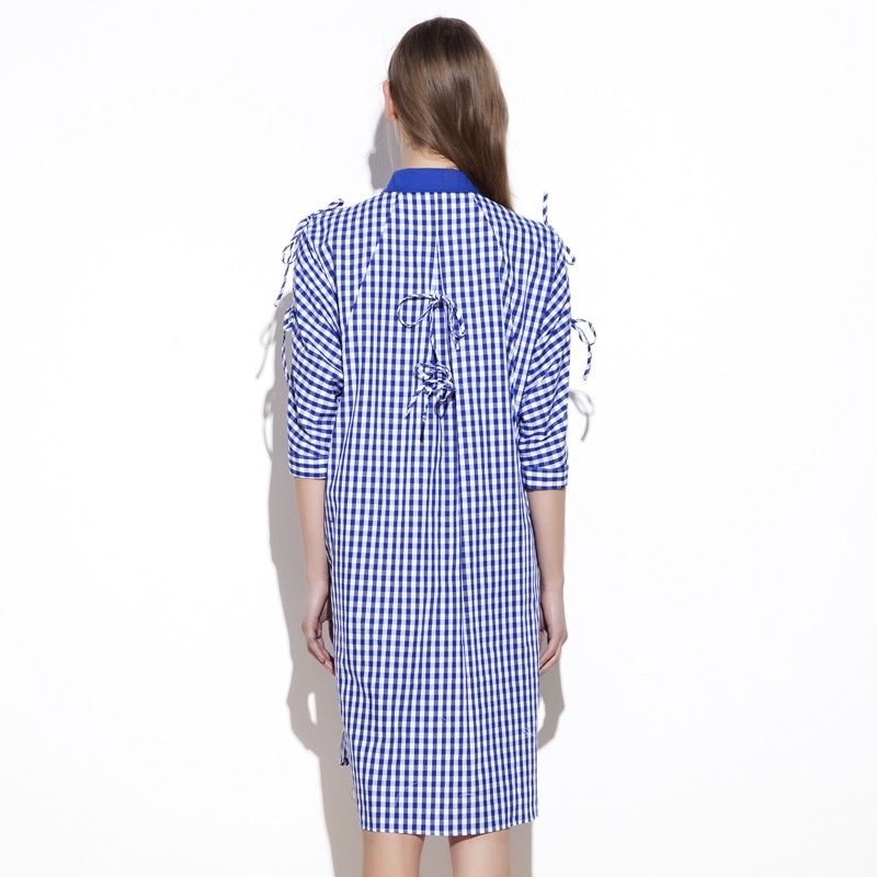 Preppy Style Checked 3/4 Sleeve Dress With Collar Detail | VoguesUs