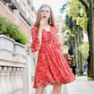 Elegante Rot Floral Print V-Hals-A-Linie-Kleid Mit Flöte Ärmel