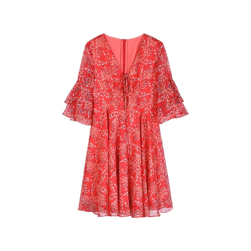 Elegante Rot Floral Print V-Hals-A-Linie-Kleid Mit Flöte Ärmel |