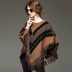 Long Sleeve Checked Tassle Detail Knitted Poncho Sweater