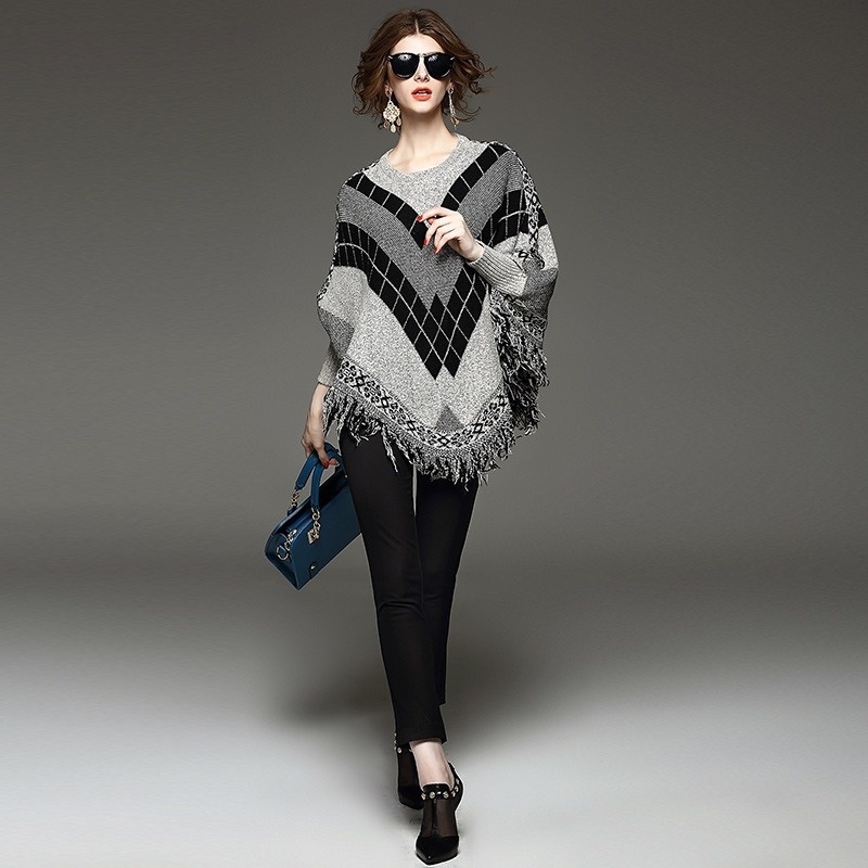Long Sleeve Checked Tassle Detail Knitted Poncho Sweater | VoguesUs