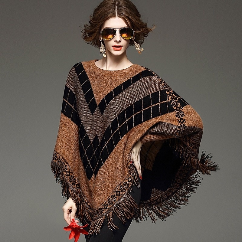 Manches Longues Vérifié Tassle Détail En Tricot Poncho Pull | VoguesUs