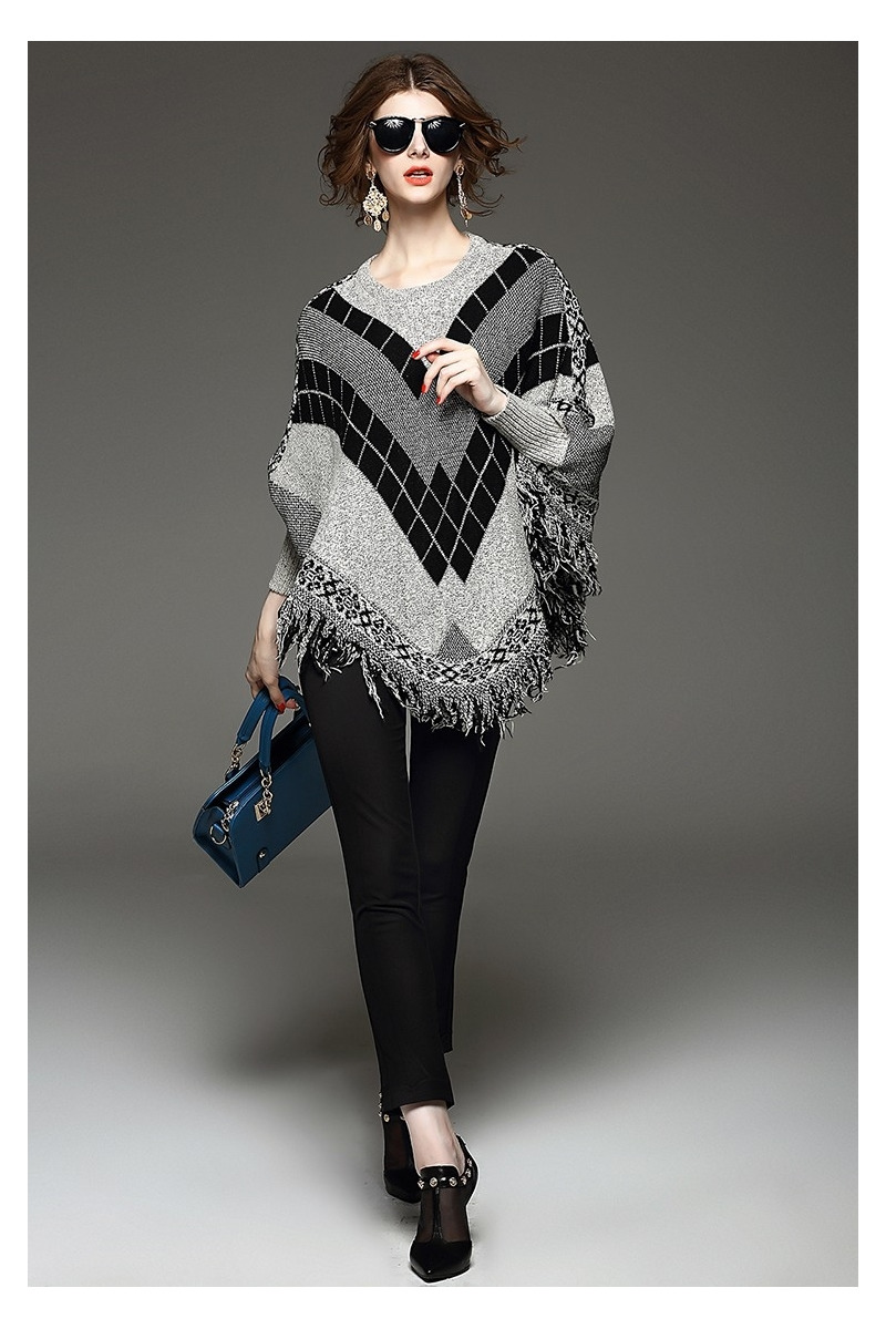 Long Sleeve Checked Tassle Detail Knitted Poncho Sweater | VoguesUs