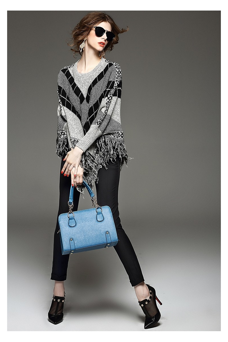 Long Sleeve Checked Tassle Detail Knitted Poncho Sweater | VoguesUs