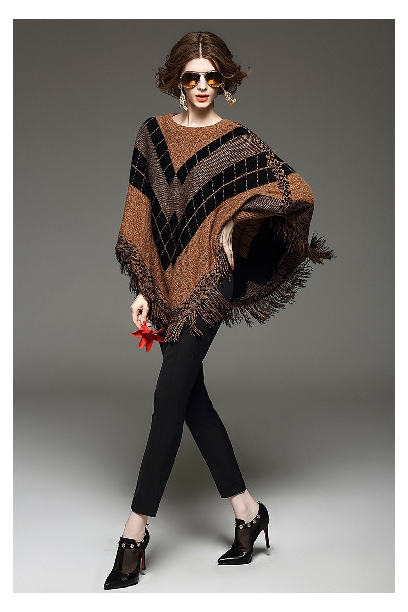 Manches Longues Vérifié Tassle Détail En Tricot Poncho Pull | VoguesUs