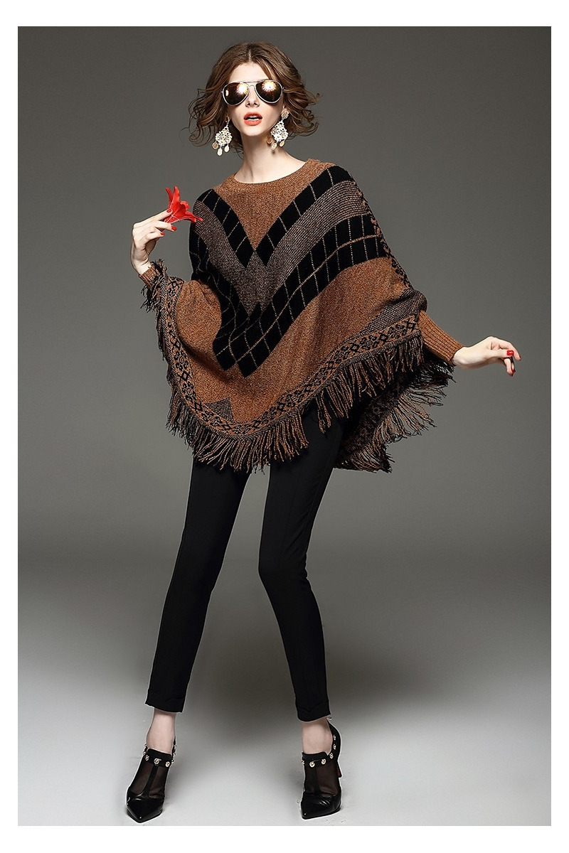 Manches Longues Vérifié Tassle Détail En Tricot Poncho Pull | VoguesUs
