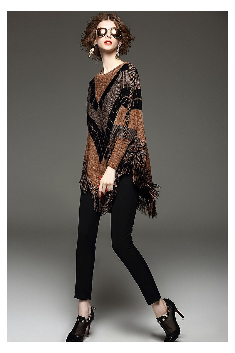 Manches Longues Vérifié Tassle Détail En Tricot Poncho Pull | VoguesUs