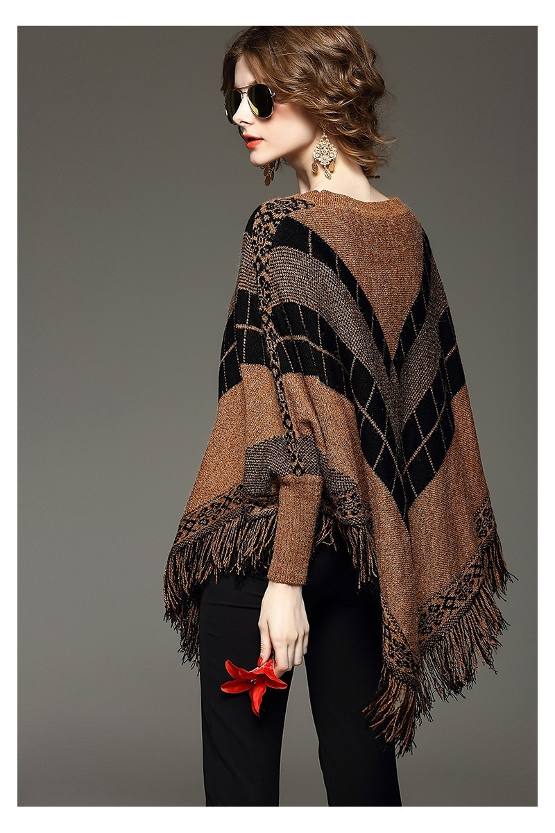Manches Longues Vérifié Tassle Détail En Tricot Poncho Pull | VoguesUs