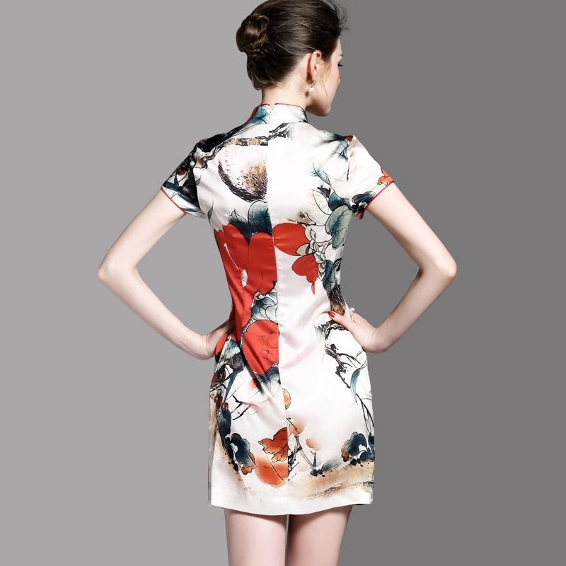 Chinois De Style D'Impression De Haute Cou À Manches Courtes Bodycon Robe | VoguesUs
