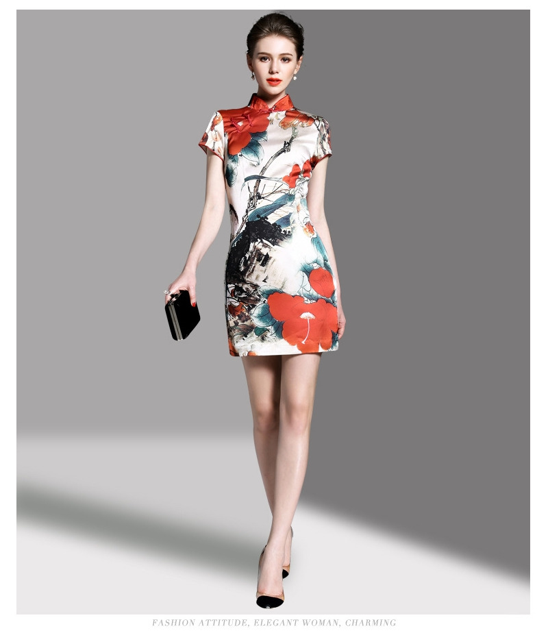 Chinois De Style D'Impression De Haute Cou À Manches Courtes Bodycon Robe | VoguesUs