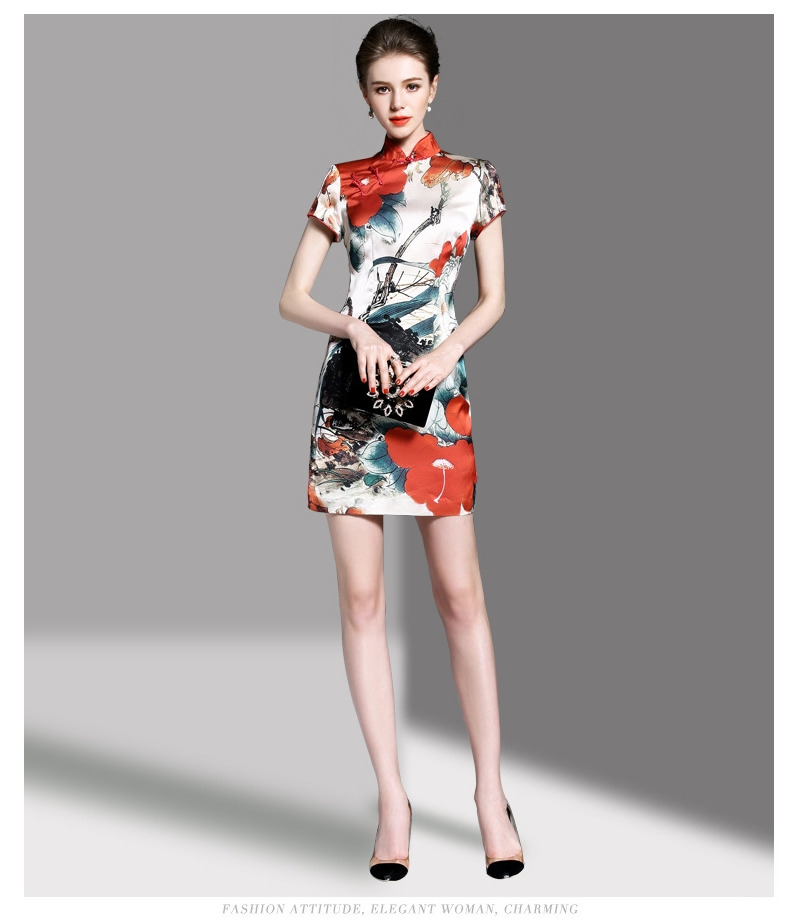 Chinois De Style D'Impression De Haute Cou À Manches Courtes Bodycon Robe | VoguesUs