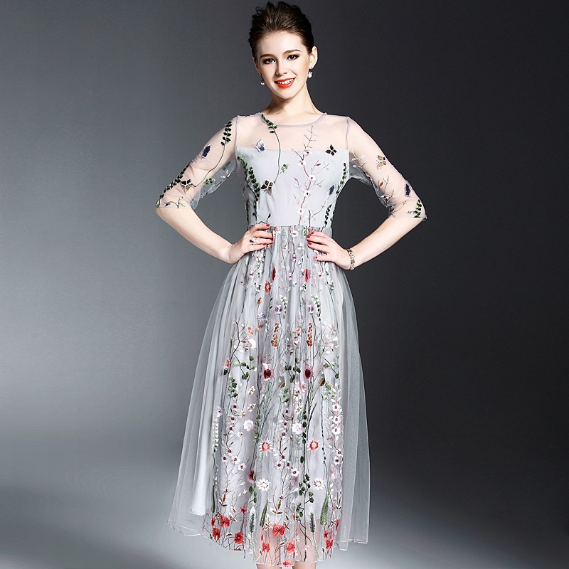 Exquise Broderie Maille En Couches À Manches Longues Robe Maxi | VoguesUs