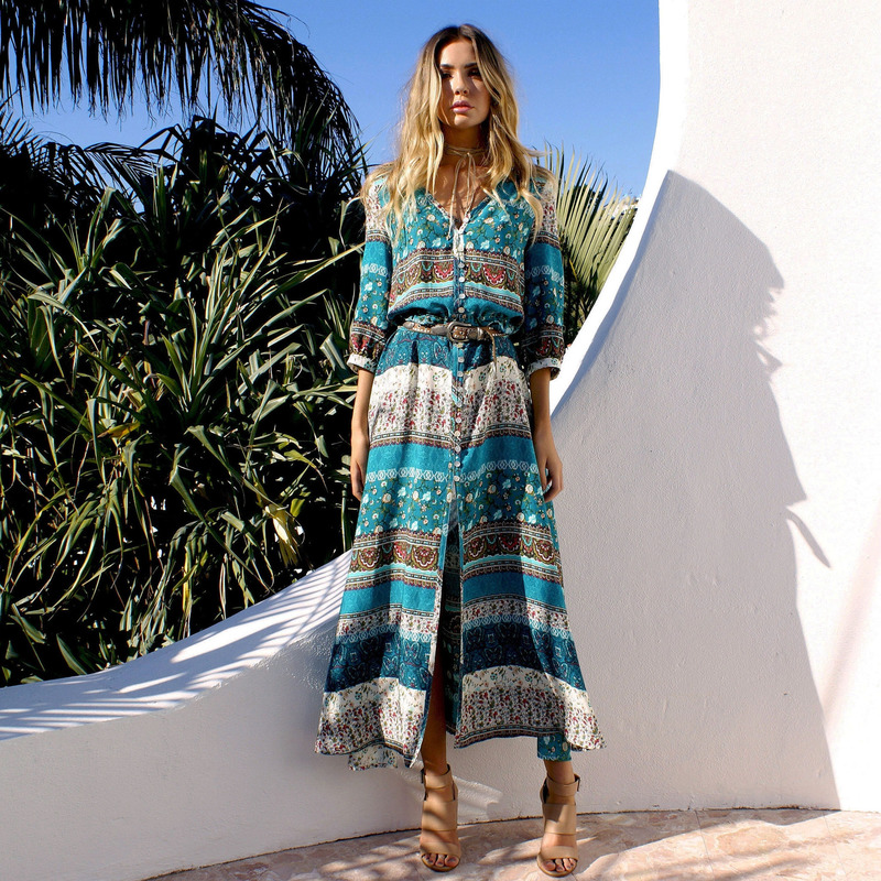 Bohemian Print Short Sleeve V Neck Maxi Dress | VoguesUs