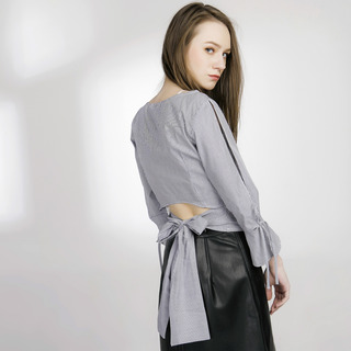 Back Bow Tie Flute Sleeve Stripe Blouse | VoguesUs