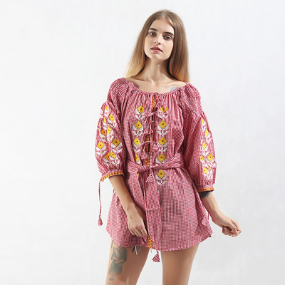 Bohemio Cuadros Rojos En La Mitad De La Manga De Cambio De Vestido