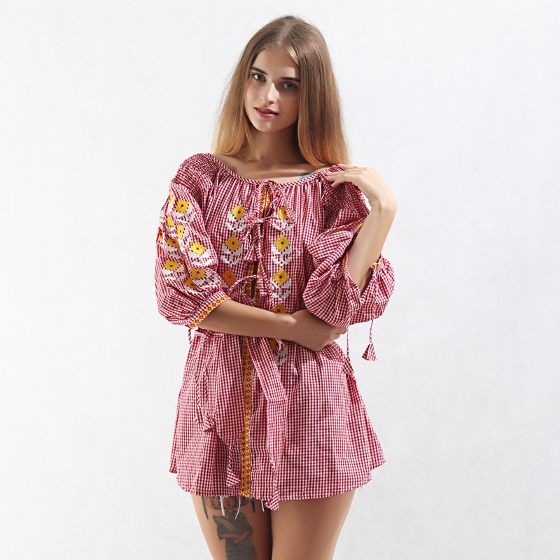 Bohemian Red Checked Half Sleeve Shift Dress With Tie Detail |