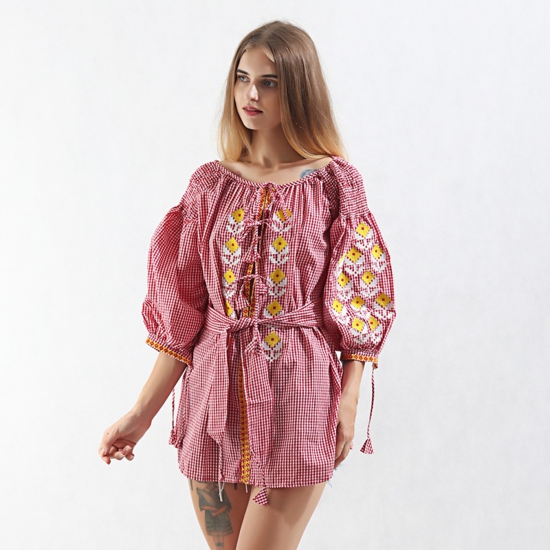 Bohemio Cuadros Rojos En La Mitad De La Manga De Cambio De Vestido
