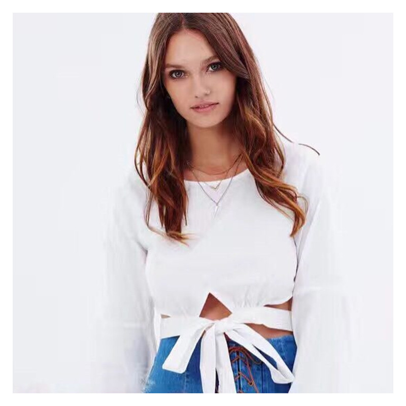 White Drama Sleeve Blouse With Bow Waist Belt | VoguesUs