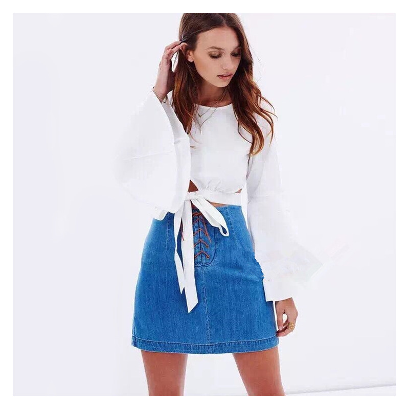 White Drama Sleeve Blouse With Bow Waist Belt | VoguesUs
