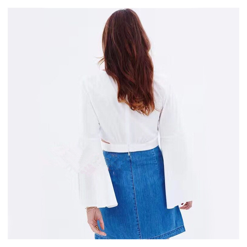 White Drama Sleeve Blouse With Bow Waist Belt | VoguesUs