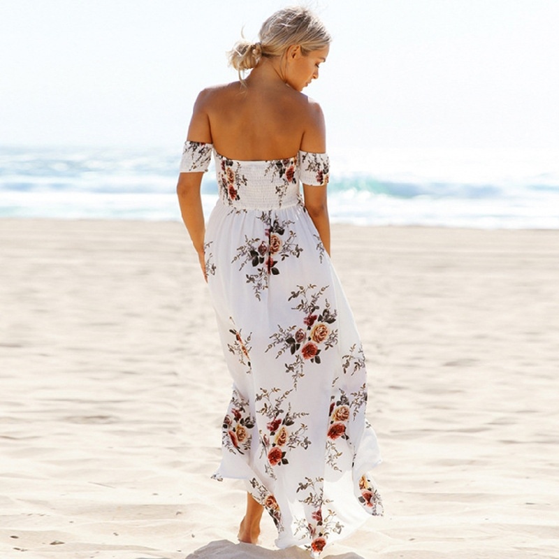 Epaule D'Impression De Plage Robe Maxi | VoguesUs