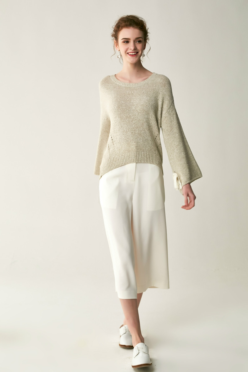 Flûte Sleeve V Neck Pull Avec Sangle De Retour Cravate | VoguesUs
