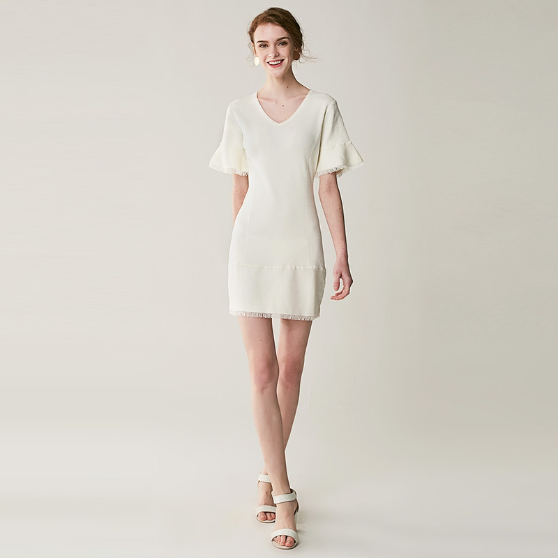 Slim Col V Manches Courtes Robe En Maille | VoguesUs