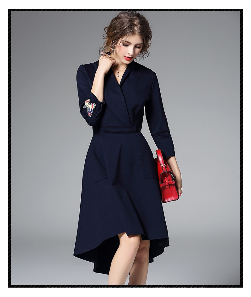 Butterfly Embroidery 3/4 Sleeves Asymmetrical Dress With Collar