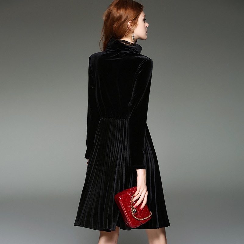 Velorur High Collar Long Sleeve Corset Waist Accordion Hem A Line