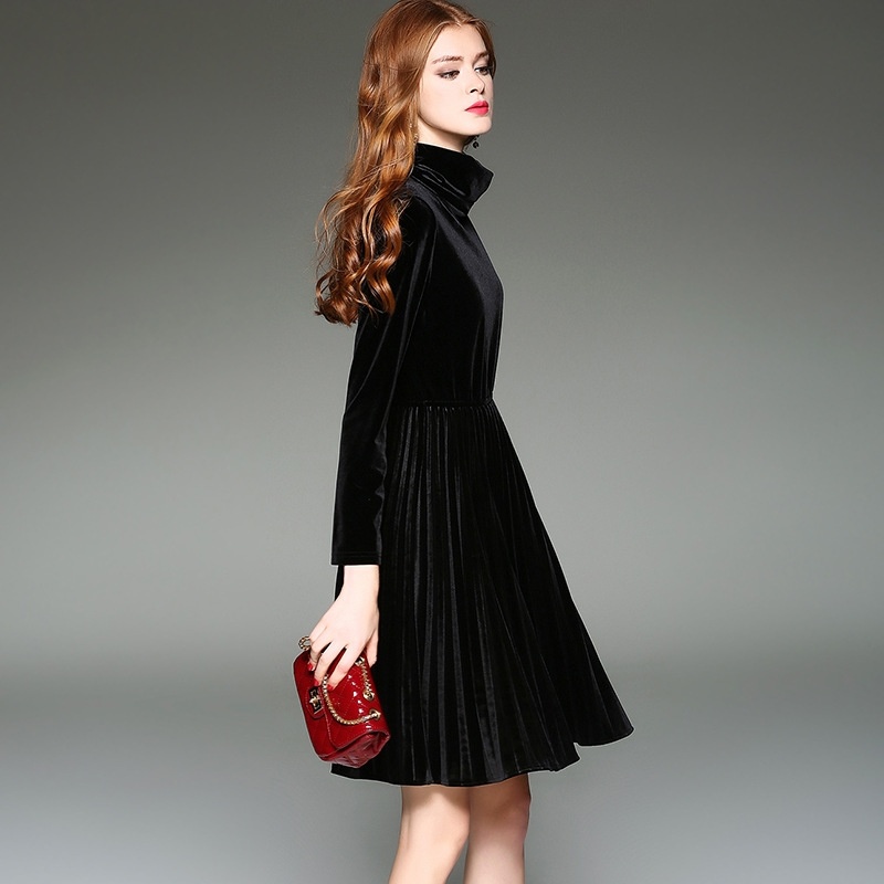 Velorur High Collar Long Sleeve Corset Waist Accordion Hem A Line