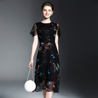 Elegant Black Silk Short Sleeve Butterfly Print Ruffle Hem Dress |