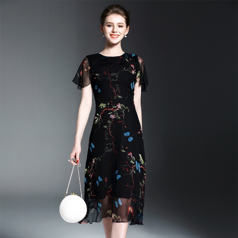 Elegant Black Silk Short Sleeve Butterfly Print Ruffle Hem Dress |