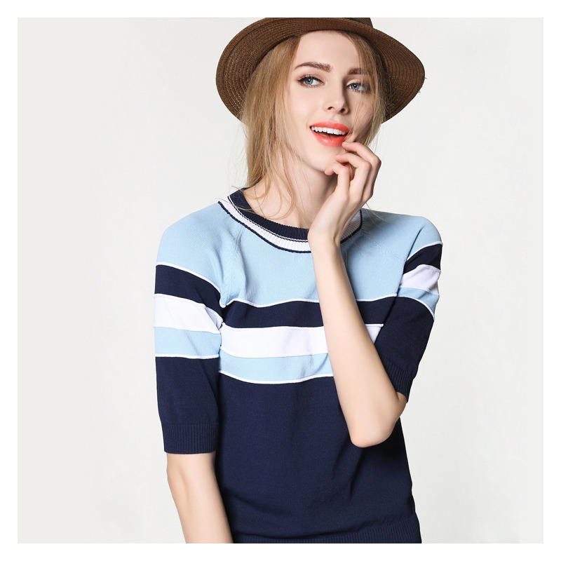 Casual Streifen Runde Hals Kurzarm Strick-Pullover | VoguesUs