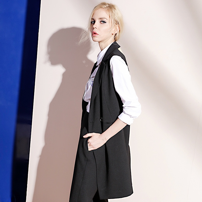 Simple Style Long Waistcoat Sleeveless Jacket With Notch Lapels |
