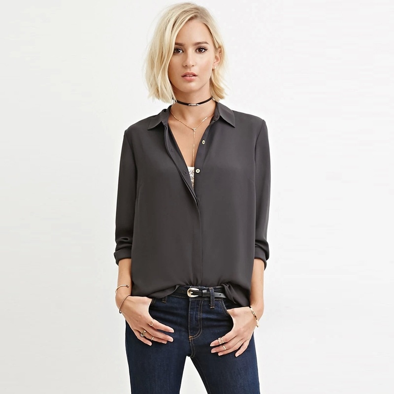Oficina Estilo Dim Gris Slim Camisa De Manga Larga